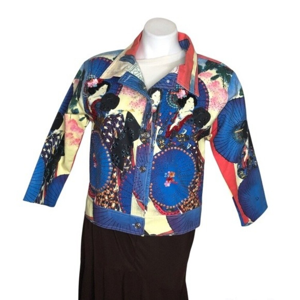 KOKOMO Jean Trucker Jacket Cut Art To Wear Beaded Geisha Print Size Medium